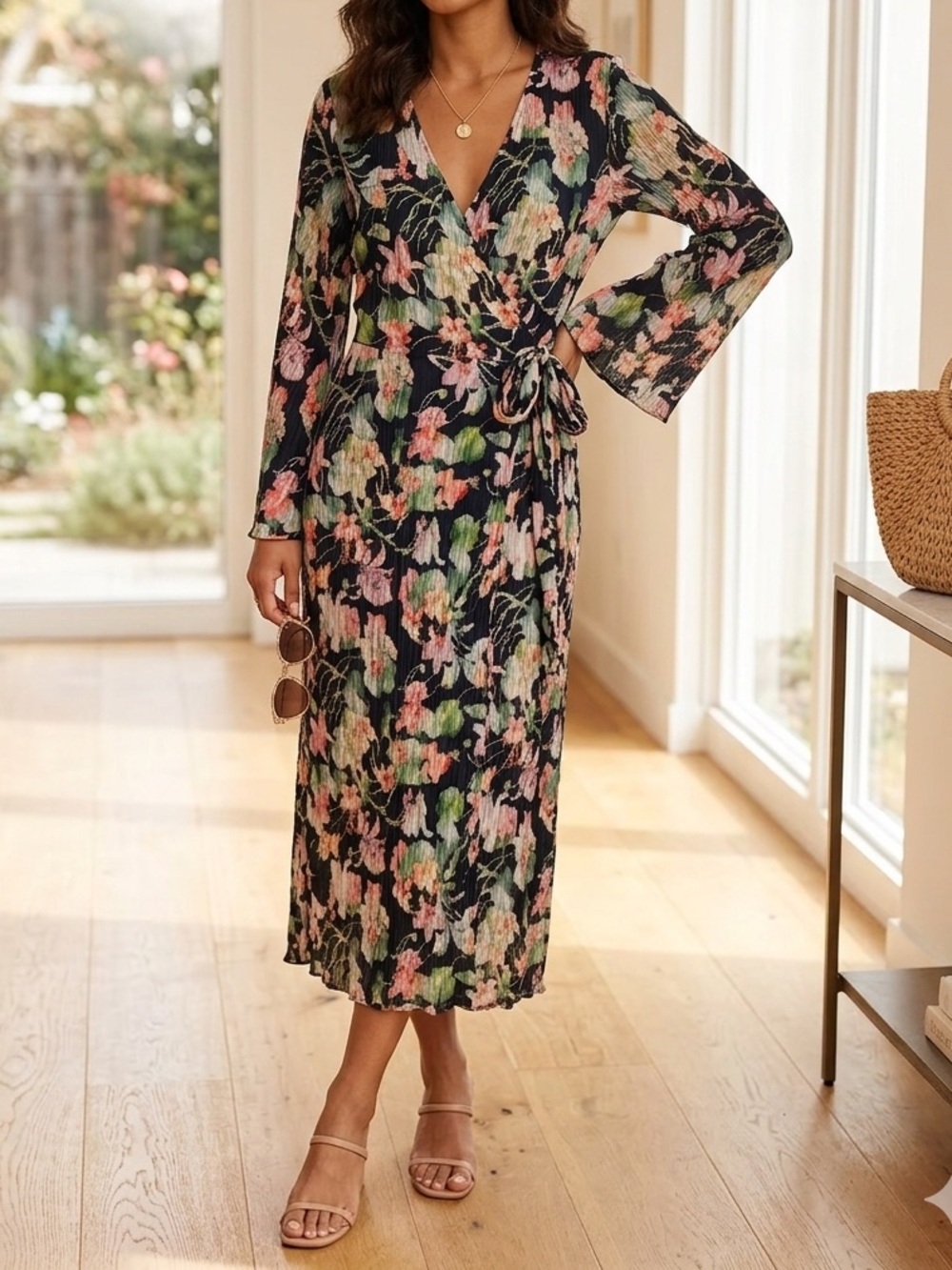 H&M Floral Pleated Crinkle Wrap Maxi Dress Long Bell Sleeve Black❤️